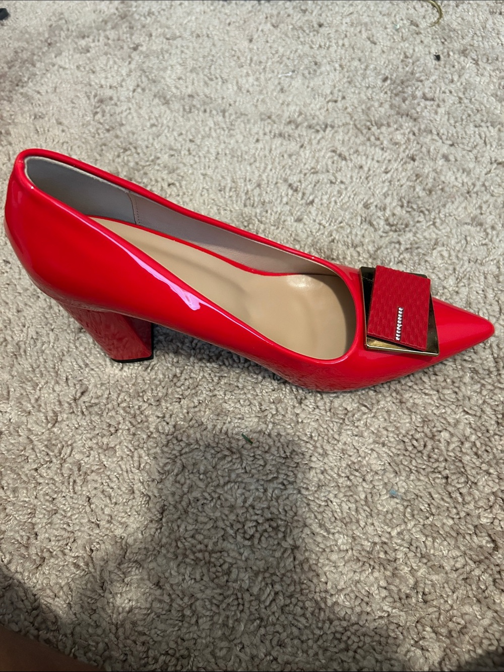 Red Patent Pointed-Toe Pumps with Gold Accent Buckle - Picture 2 of 3
